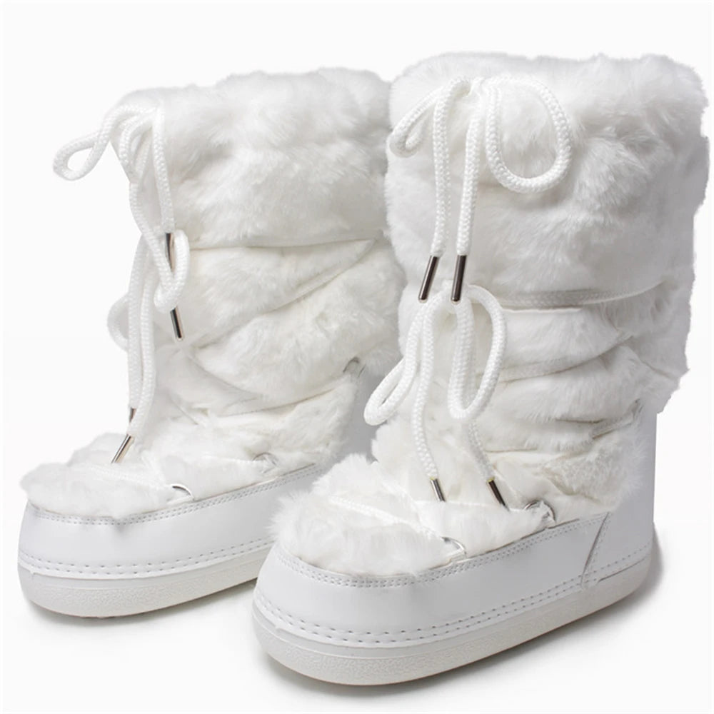 Fluffy Fur Boots 2024 Winter Fashion Sexy Faux Fox Fur Snow Boots Ladies Furry Warm Cotton Boots Female Outdoor Ski Boots